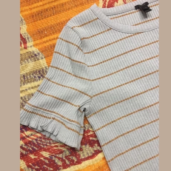 J Crew Black Label Ruffle Top Ribbed Striped - Picture 6 of 8